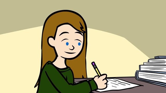 Student writing notes on paper during study session with stacked textbooks in this animated 2D digital motion graphic style clip