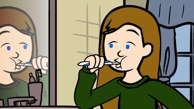 Young woman brushing her teeth while looking into the bathroom mirror during this simple hand drawn colorful animated video clip