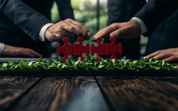 Red puzzle pieces emerging from green foliage on wooden surface with business professional hands, symbolizing sustainable growth and unity