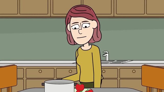 Concerned woman cooking fresh vegetables in kitchen setting performing simple household tasks shown in flat vector animation style video clip