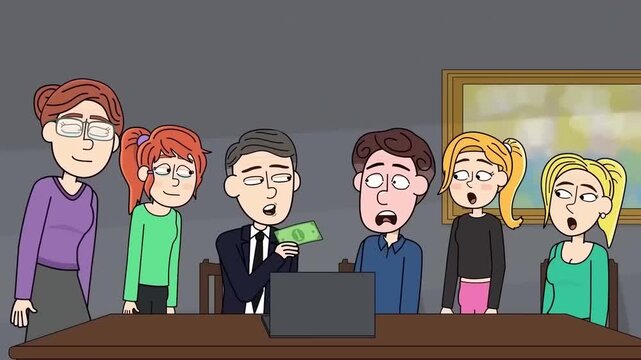 Business group watching funny animated screen presentation while man holds money in this humorous office meeting motion cartoon video clip