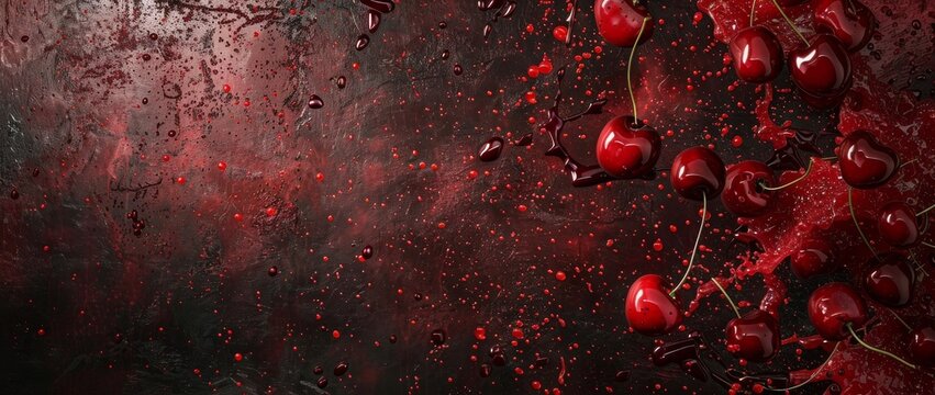 Cherries splattered on a dark surface with red juice and paint