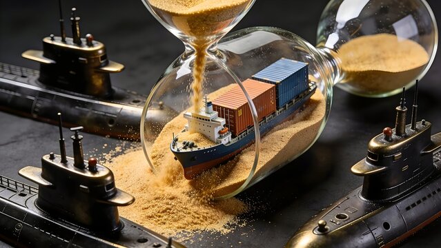 Miniature cargo container ship trapped inside falling sand hourglass surrounded by submarine periscopes concept of maritime trade bottleneck
