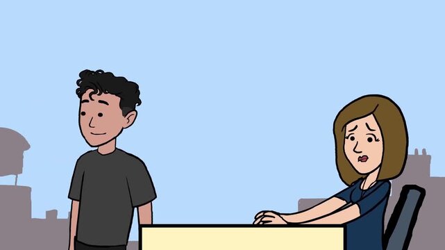 Animated video footage showing man mocking crying woman in office setting with simple flat vector design and smooth motion movements