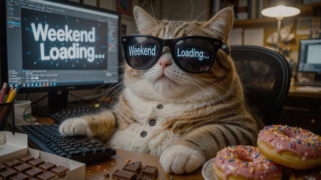 Funny chubby tabby cat wearing sunglasses with text weekend loading reflected in lenses, sitting at office desk, corporate employee celebrating Friday mood, stock illustration