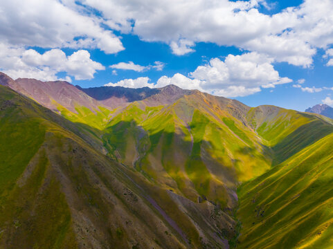 Aerial View of Colorful Mountain Slopes in Kyrgyzstan