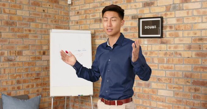 Lifestyle videos indoor of people doing activities at office, presenting business strategy, man stan