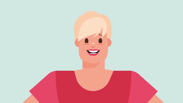 Happy blonde woman in red shirt smiling at camera during a smooth animated digital motion video for professional marketing presentations
