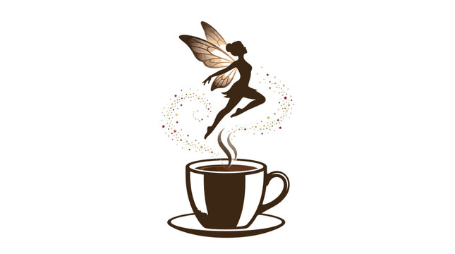 Elegant fairy silhouette flying gracefully above hot steaming coffee cup with sparkling golden magic dust particles