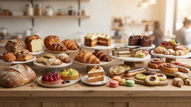 A variety of pastries and breads displayed on a wooden counter in a bakery setting.