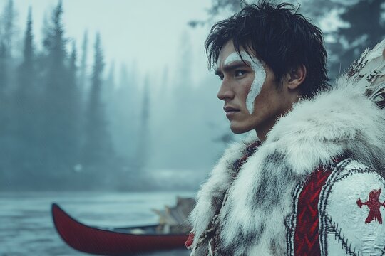 A young Indigenous man in traditional fur clothing stands by a river in a misty forest