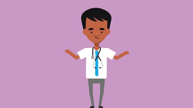 Confused doctor character showing uncertainty with hand gestures in this expressive flat style animated medical professional motion design video clip