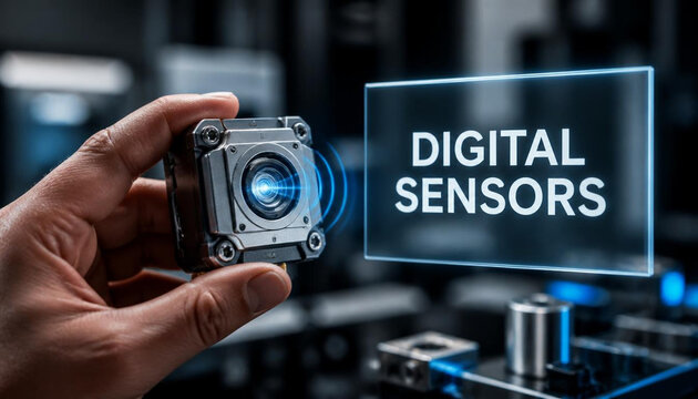 Hand holding a small square digital sensor module with a glowing holographic interface.
