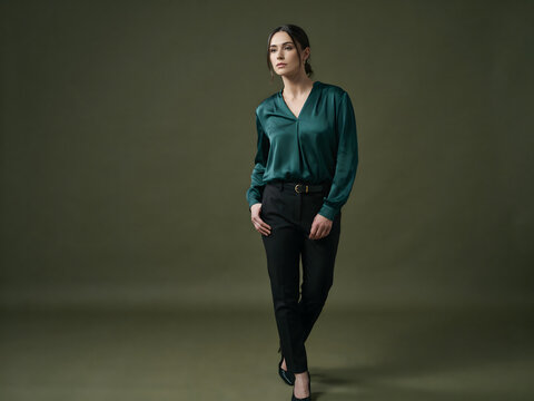 Full body shot of a woman in a dark emerald green satin v-neck blouse and black trousers, walking towards the camera on a grey background