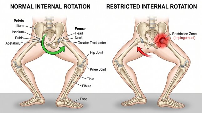 Human Anatomy Diagram Comparing Normal and Restricted Hip Rotation