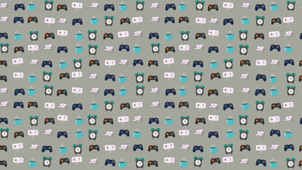 Pattern of game controllers, alarm clocks, cups, and sofas © diva
