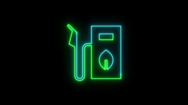 Neon glowing eco fuel gas station pump icon with a leaf symbol