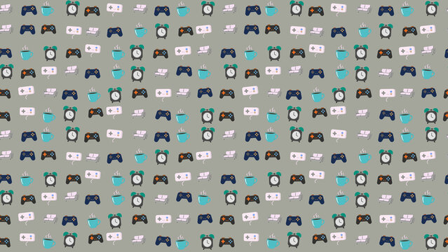 Pattern of game controllers, alarm clocks, cups, and sofas