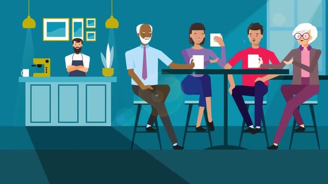 Barista standing inside modern coffee shop serving happy diverse customers sitting at table with warm drinks in animated video motion