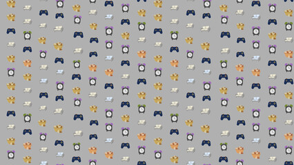 Seamless pattern of alarm clocks, game controllers, sofas, and nut © diva