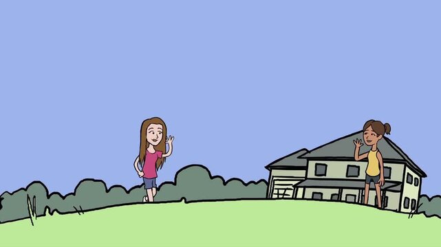 Two young female friends waving hands towards each other in an outdoor digital animation video clip for social media use