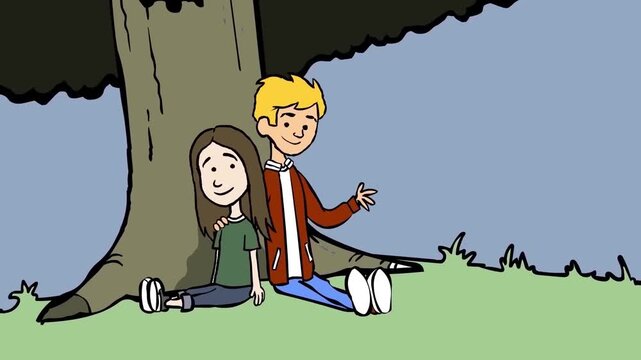 Animated couple sitting together under a large tree engaging in friendly conversation within this bright and colorful digital motion footage