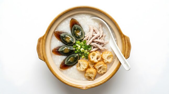 Traditional cantonese congee bowl with preserved egg, shredded pork, and crispy dough sticks isolated on white background