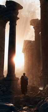 Ancient Roman senator wearing a toga walking through massive marble forum ruins