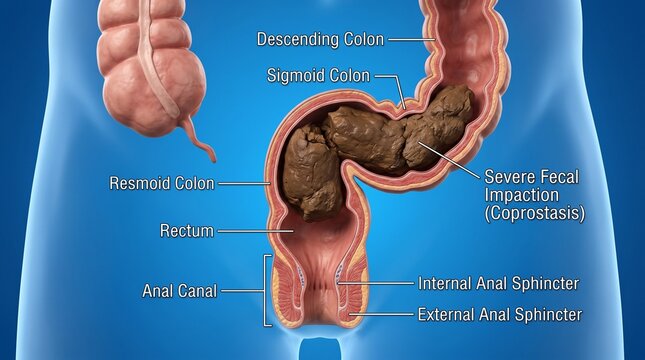 3D diagram of severe fecal impaction and coprostasis in the colon
