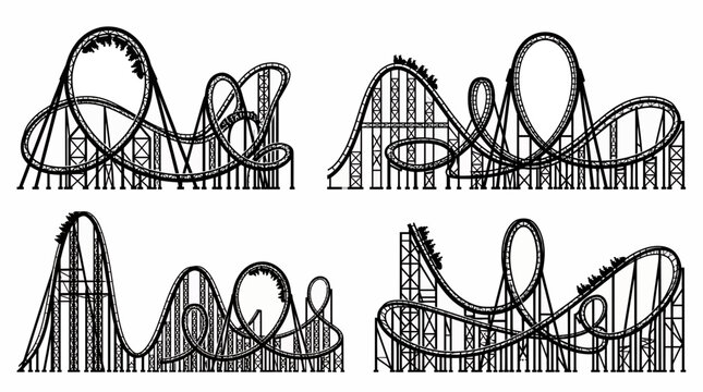 Detailed black silhouette set of four roller coasters with complex loops on white background, illustrating theme park attractions and representing adrenaline fueled summer entertainment
