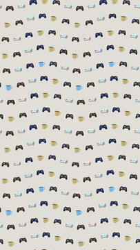 Video Game Controllers, Sofas, and Coffee Cups Pattern