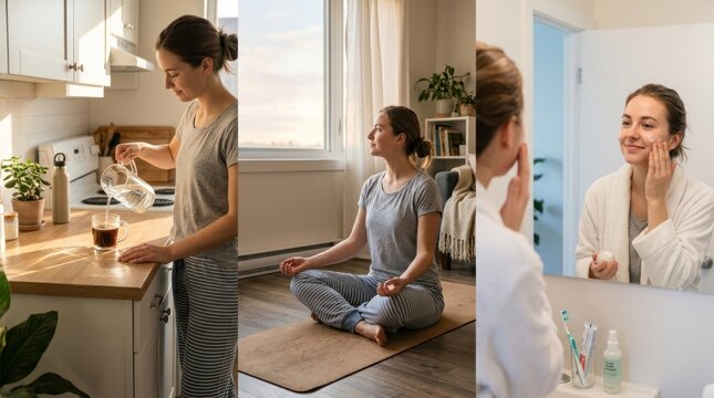 A woman prepares coffee in a modern kitchen, then practices yoga in a cozy living room, and finally applies skincare in a bathroom. The scenes depict daily routines in a home setting.