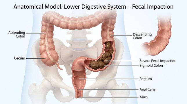 Medical illustration of severe fecal impaction in human colon