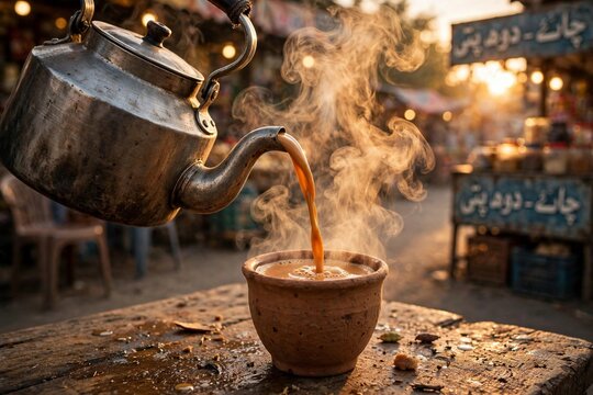 Steaming doodh patti chai poured from a traditional kettle into a clay kulhad at a Pakistani roadside dhaba at golden hour