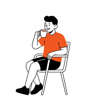 Illustration of a young man sitting on a chair drinking coffee.