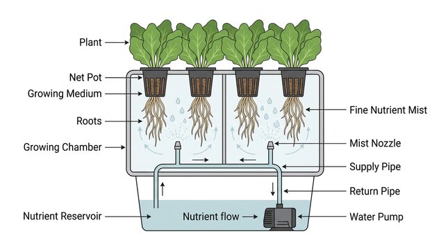 Instructional Graphic for Advanced Soil-less Vertical Agriculture Showing Sustainable Liquid Mineral Fog Irrigation Setup