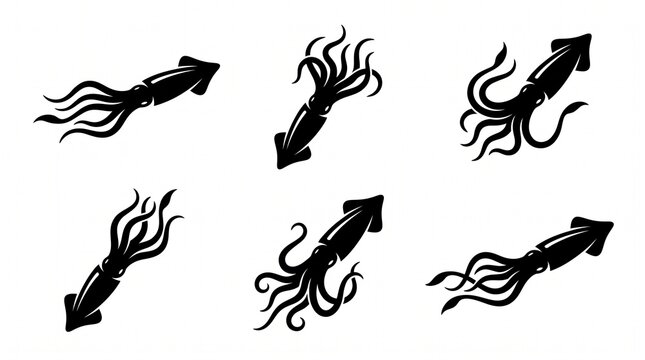 Black squid silhouette icon collection featuring six dynamic squid illustrations, varied poses, curved tentacles, streamlined bodies, pointed heads, and bold minimal vector style on white.