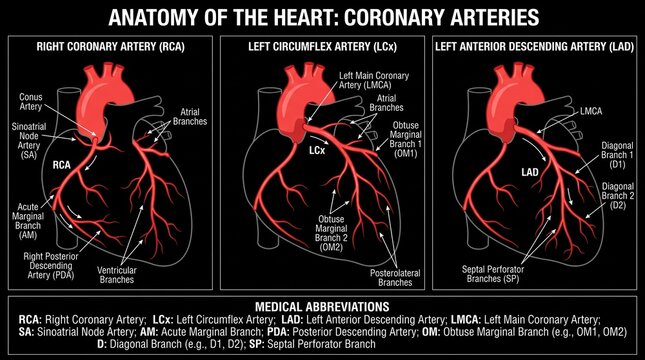 Anatomical Diagram of Human Heart Coronary Arteries and Branches