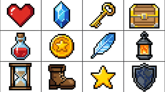 A collection of pixel art video game icons featuring a heart, crystal, key, chest, potion, coin, feather, lantern, hourglass, boot, star, and shield.