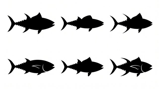 Black tuna fish silhouette icon collection featuring six streamlined fish profiles, varied fin shapes, pointed tails, bold solid forms, and clean minimal vector style on white.