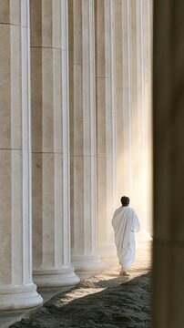Ancient Roman senator wearing a white toga walking through a massive outdoor stone