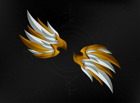 Golden and silver fantasy wing asset with detailed feather designs, metallic accents, and symmetrical decorative styling for RPG games, TCG cards, fantasy interfaces, and graphic design.