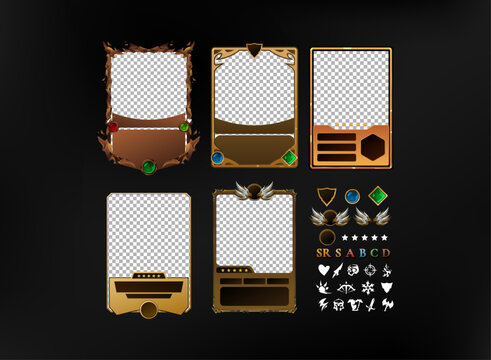 Fantasy TCG card template collection featuring customizable card frames, image placeholders, card layouts, fantasy icons, rating symbols, and decorative elements for game design projects.