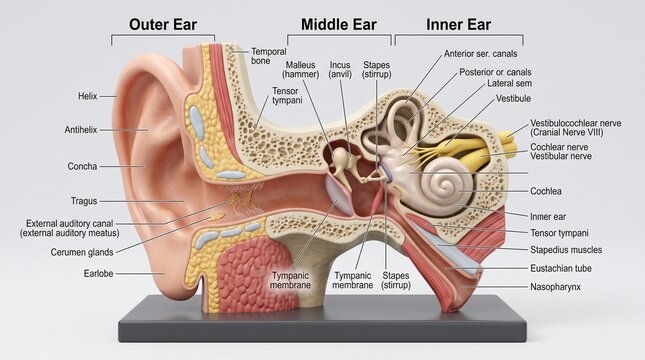 Detailed Cross Section of the Human Ear Anatomy with Labels