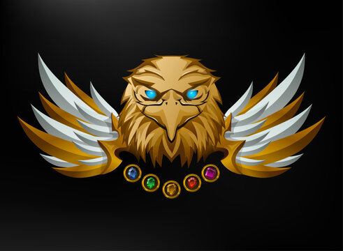 Golden fantasy eagle emblem with outstretched wings and colorful gemstones, featuring a powerful game asset design for RPG interfaces, ranking systems, badges, and collectible card games.