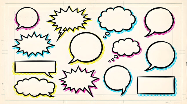 Collection of retro pop art style speech and thought bubbles with colorful shadows on a textured background.