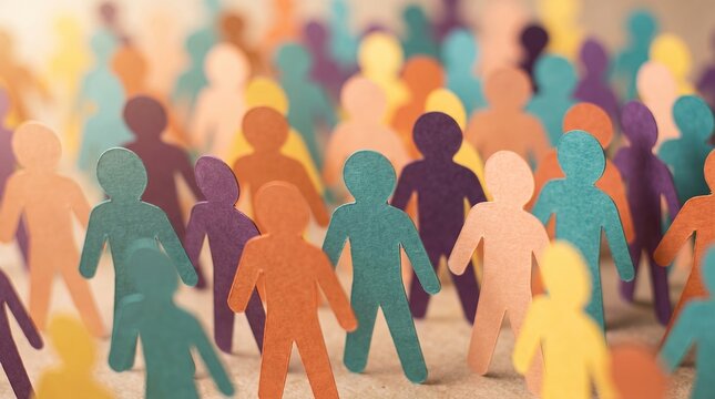 Multicolored paper cutout figures standing together in a crowded formation representing diverse groups of people within a social community context