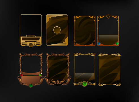 Editable fantasy TCG card template collection featuring ornate gold and bronze frames, customizable layouts, card backs, character panels, ability slots, and RPG game interface elements.