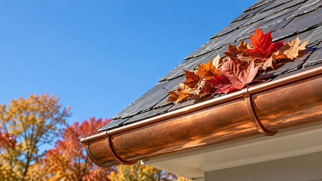 Copper roof gutter filled with colorful autumn leaves against a clear blue sky
