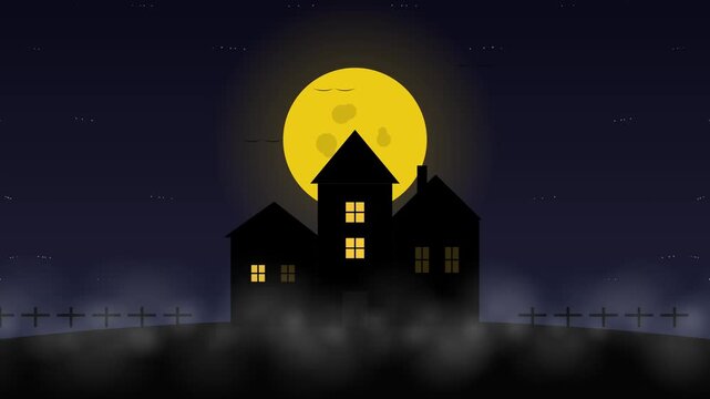 Spooky Haunted House Silhouette with Bright Moon and Bats on Dark Halloween Night.